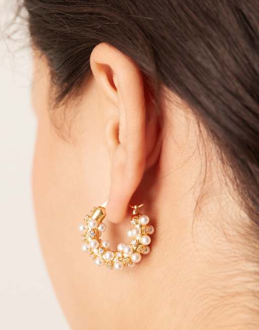 Orelia - Orecchini a cerchio placcati in oro 18 k decorati con perle e cristalli