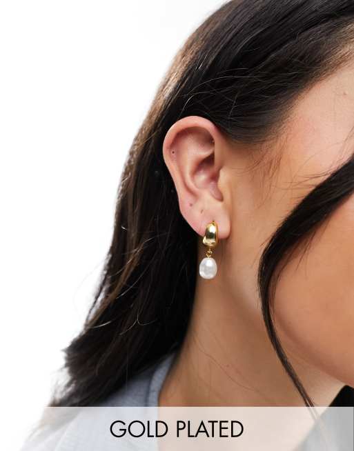 Orelia - Orecchini a cerchio placcati oro 18 k con design bombato e pendente con perla
