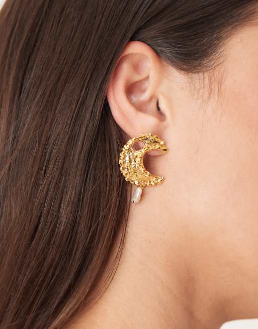 Orelia - Orecchini effetto fuso a forma di luna placcati in oro 18 k con perla, 3 di 3