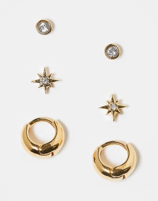 Orelia Orelia pack of 3 starburst crystal stud and tapered hoop earrings in gold plated