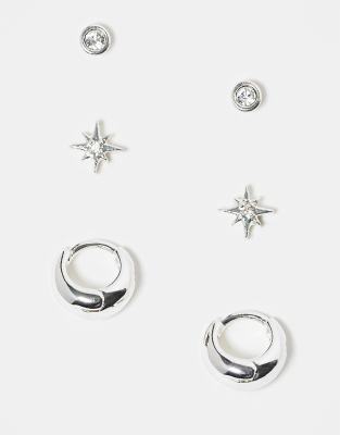 Orelia Orelia pack of 3 starburst crystal stud and tapered hoop earrings in sterling silver
