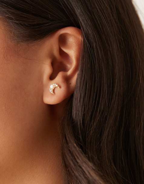 Orelia pave and opal stone moon stud earrings in gold plated - view 1