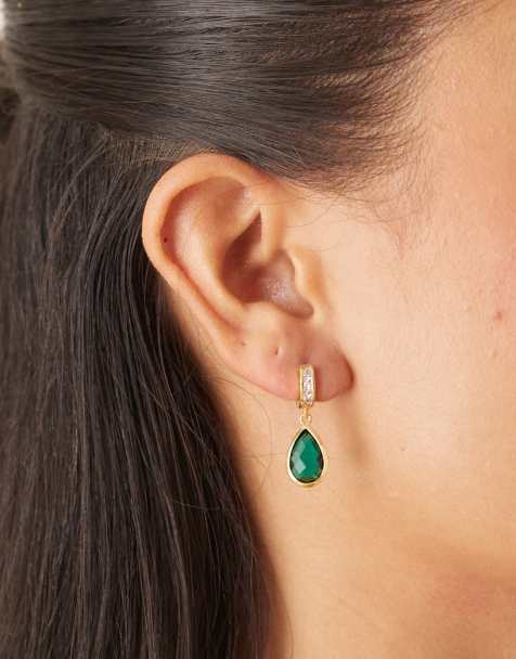 Orelia pave emerald teardrop hoop earrings in gold plated - view 1