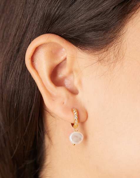 Orelia pave & faux pearl drop hoop earrings in 18k gold plated - view 1