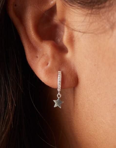Orelia pave mini star drop hoop earrings in sterling silver plated - view 1