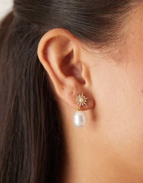 Orelia pave starburst and pearl drop earrings in gold plated - view 1