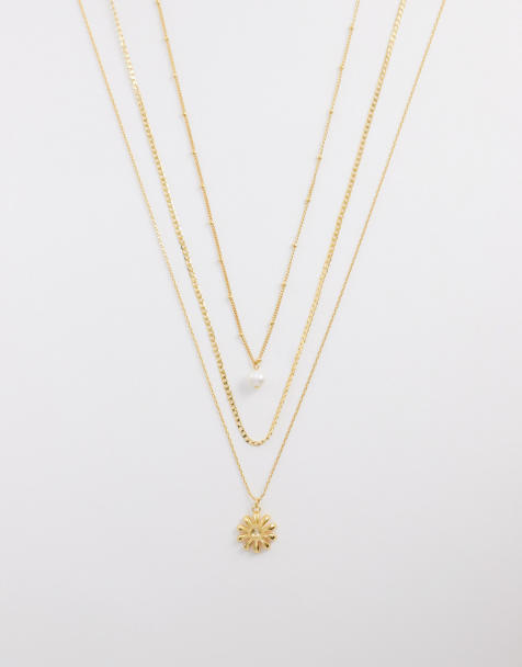 Orelia pearl and daisy multi row necklace in 18k gold plated - view 1