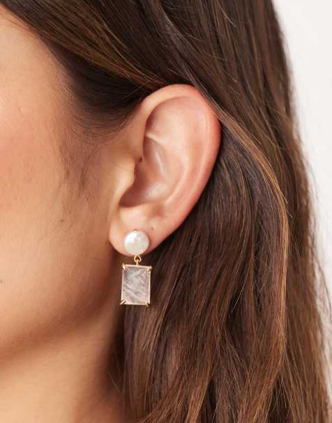 Orelia pearl and rose quartz drop earrings in 18k gold plated - view 1