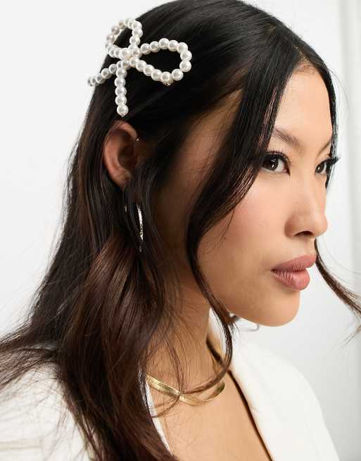 Rhinestone & Pearl Bow Claw Clip in Gold