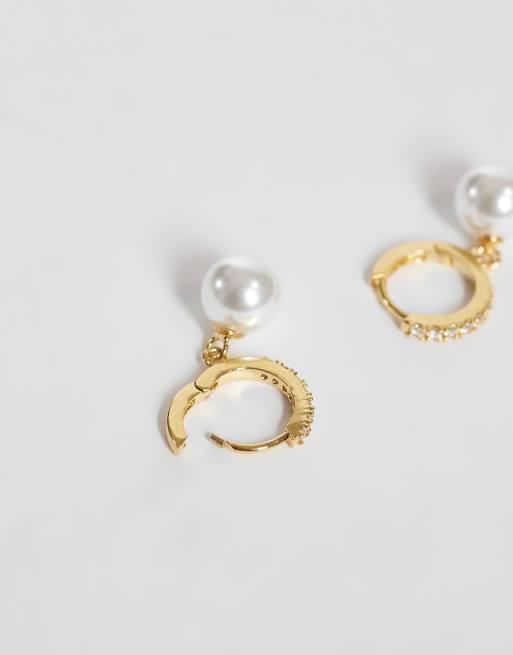 Orelia pearl drop pave hoop earrings in 18k gold plated with burgundy giftbox, 2 of 3