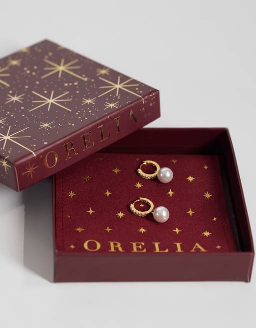 Orelia pearl drop pave hoop earrings in 18k gold plated with burgundy giftbox, 3 of 3