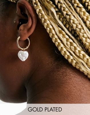 Orelia pearl heart drop hoop earrings in gold plate