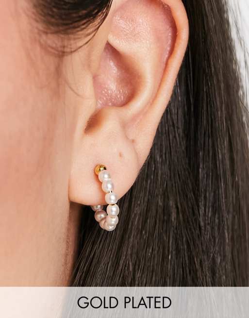 Orelia pearl threaded huggie hoops earrings in gold plate