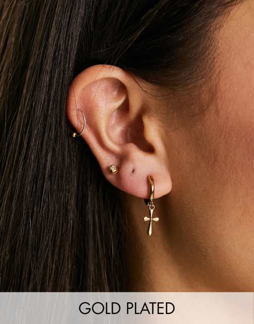 Orelia - Petite créoles en métal épuré avec croix en plaqué or