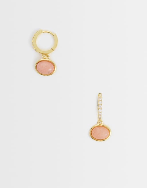 Orelia pink jade charm micro hoops in 18k gold plated, 2 of 4