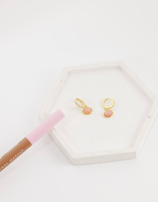 Orelia pink jade charm micro hoops in 18k gold plated, 3 of 4