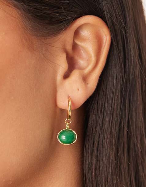 Orelia semi precious green stone drop hoop earrings in 18k gold plated - view 1