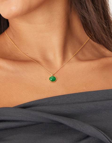 Orelia semi precious green stone pendant necklace in 18k gold plated - view 1