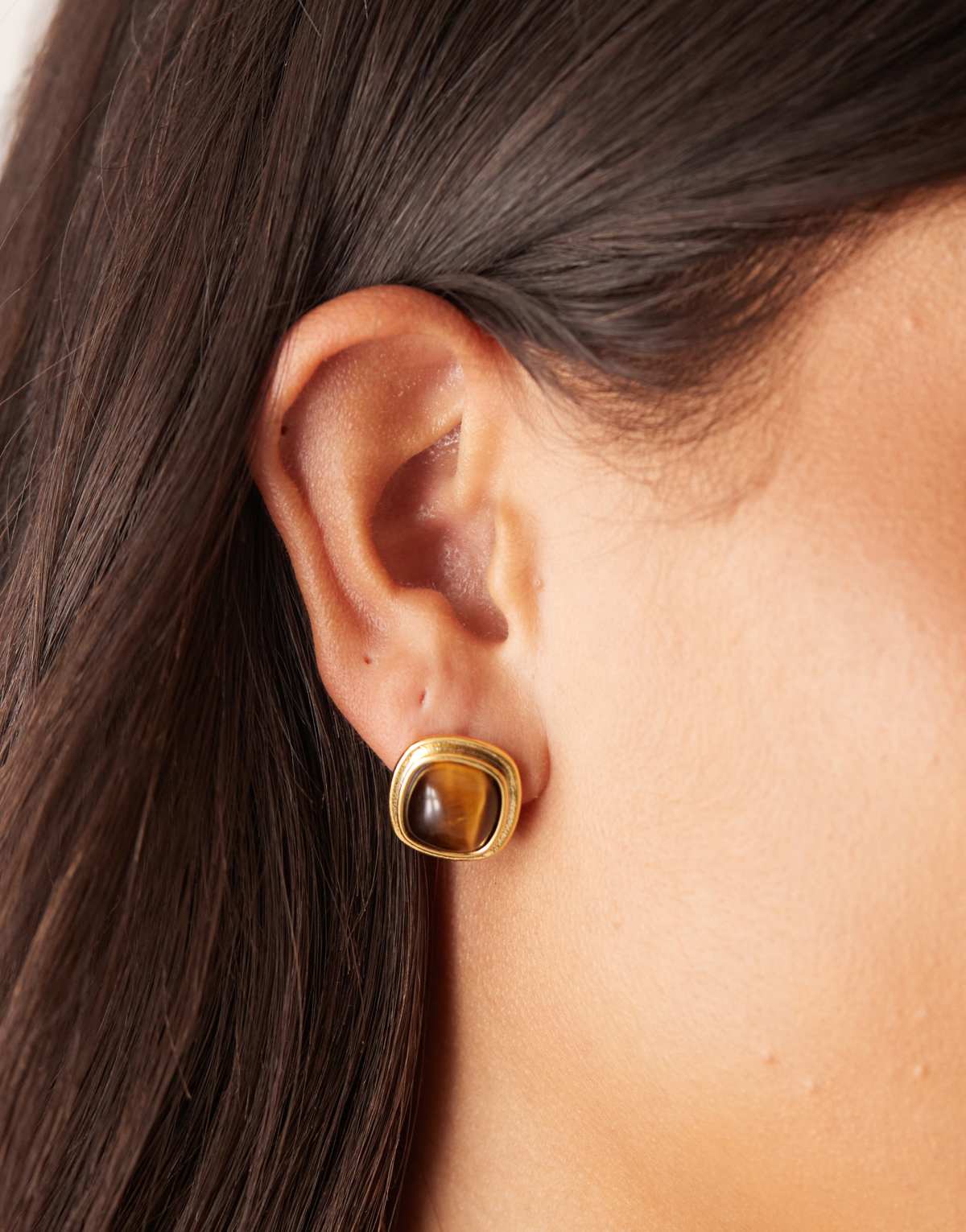 Orelia semi precious tigers eye square stone stud earrings in 18k gold plated