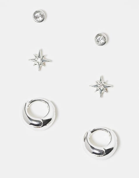 Orelia - Set van 3 paar oorbellen waarvan oorknopjes met sterretje en kristal, en toelopende oorringen in sterling zilver - view 1