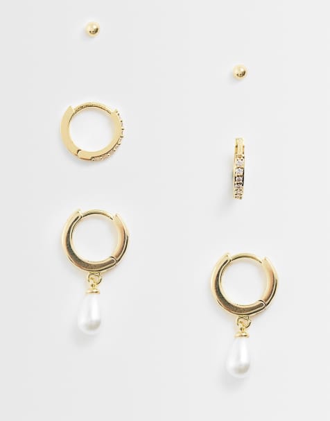 Orelia - Set van 3 vergulde oorbellen verguld met 18kt goud met ingelegde steentjes en imitatieparels - view 1
