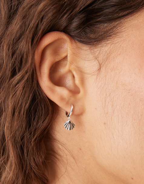 Orelia shell drop micro hoops in sterling silver - view 1