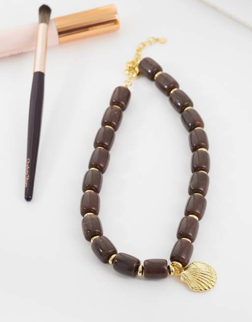 Orelia statement shell brown beaded necklace in 18k gold plated, 2 of 4
