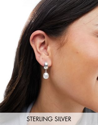 Orelia sterling silver domed pearl drop huggie hoop earrings - ASOS Price Checker