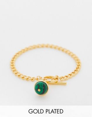 Orelia t bar bracelet with semi-precious malachite stone in gold plate