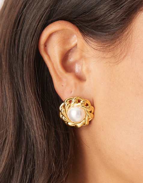 Orelia vintage style statement pearl and chain stud earrings in 18k gold plated - view 1
