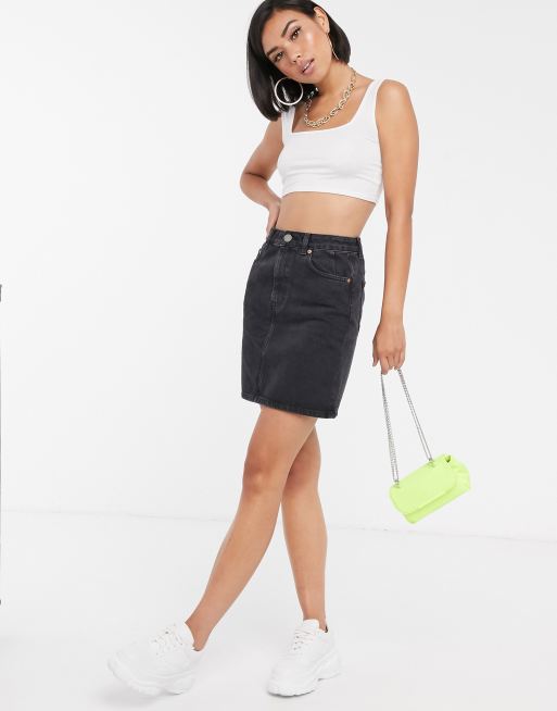 Original højtaljet denimnederdel i vasket sort fra ASOS DESIGN