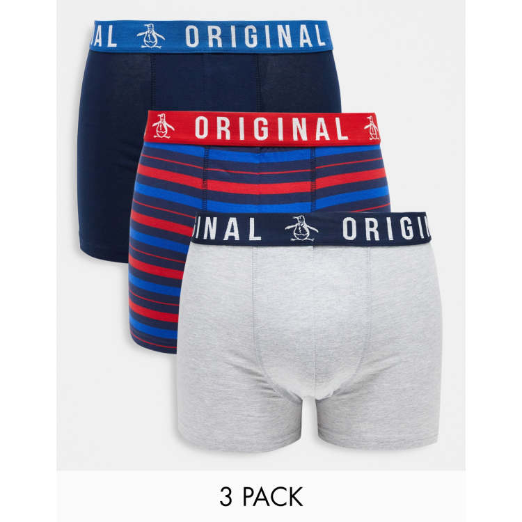 Original Penguin 3 pack boxers in blue grey and red stripe print