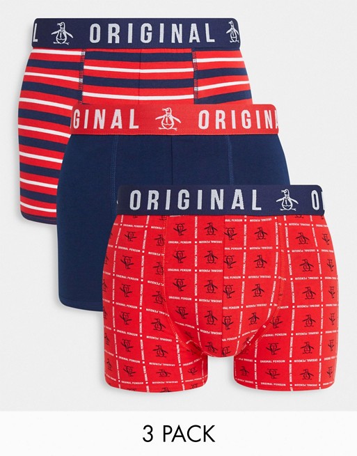 Original Penguin 3 pack boxers in navy and wine stripes and print
