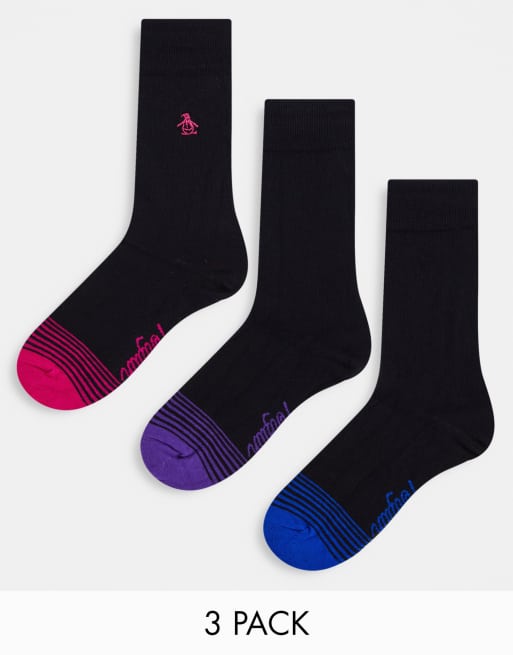 Original Penguin 3 pack contrast toe socks in black