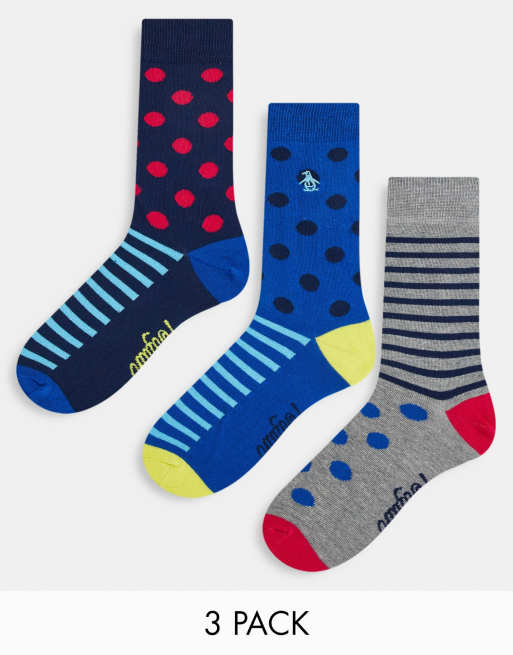 Original Penguin – 3er-Pack Socken in Blau und Grau mit Punktemuster und Streifen 