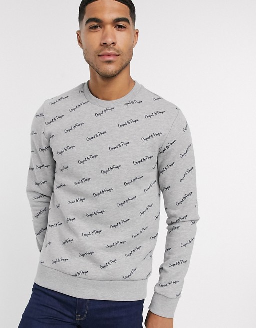 Original Penguin all over diagonal script logo print sweatshirt in grey marl