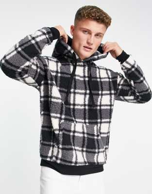 Original Penguin borg and fleece lounge hoodie in black cream check - ASOS Price Checker