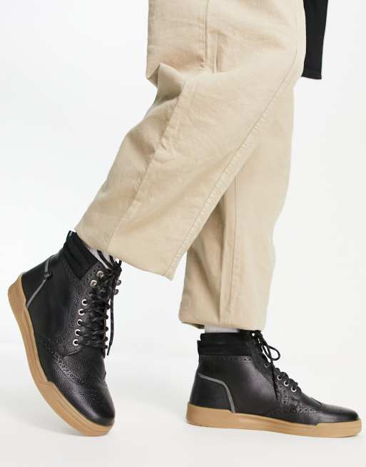 Original Penguin - Brogue enkellaarzen van leer met veters in zwart