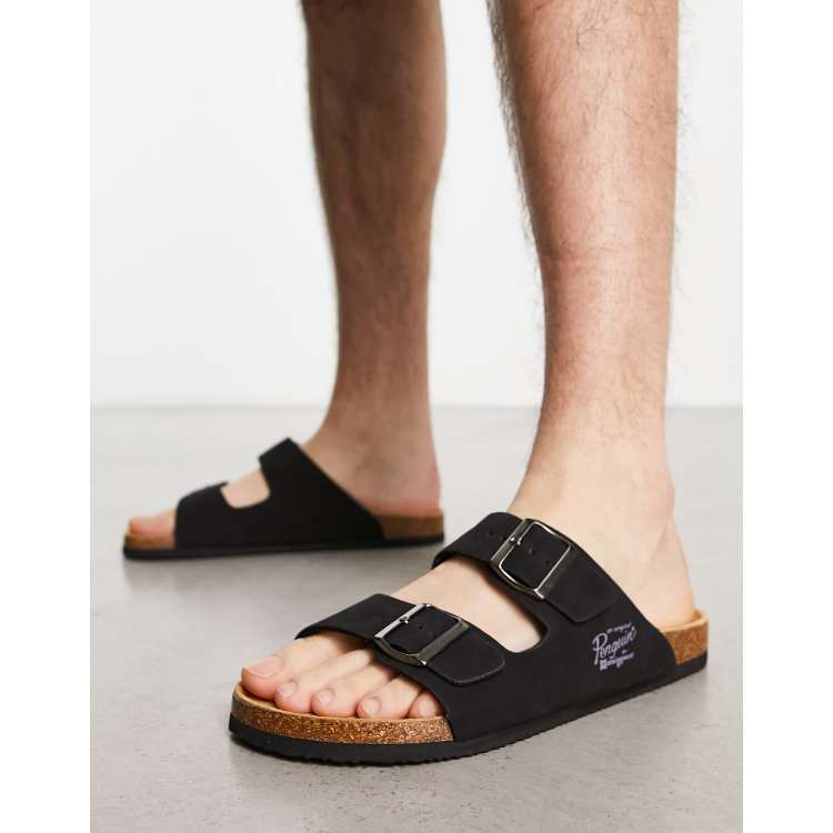 Original Penguin buckle sandals in black faux leather ASOS