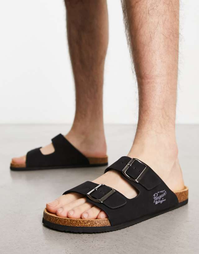 Original Penguin buckle sandals in black faux leather