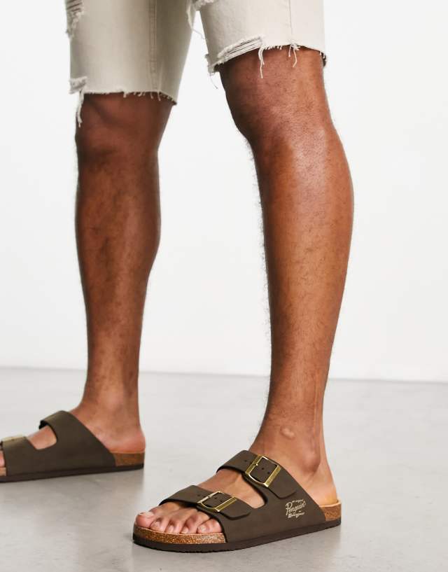 Original Penguin buckle sandals in brown faux leather