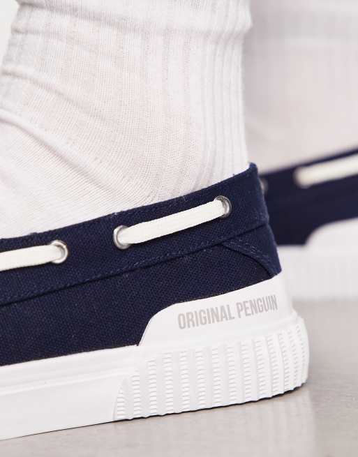 Original Penguin canvas mix casual boat shoes in navy