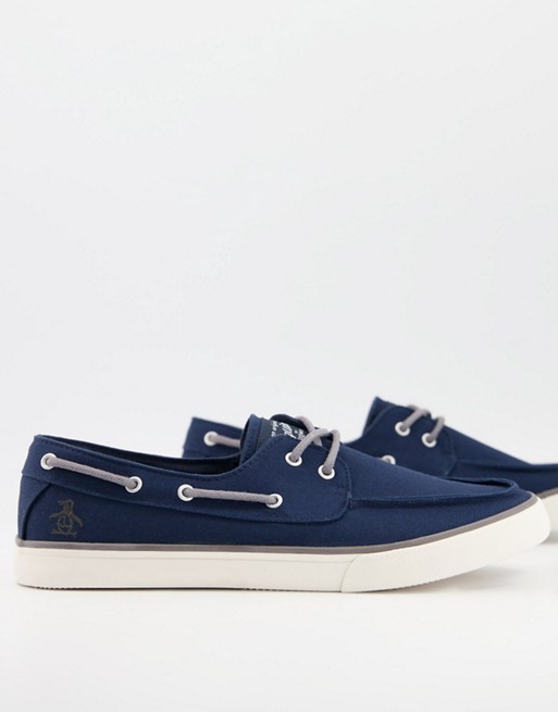 Original Penguin canvas mix casual boat shoes in navy