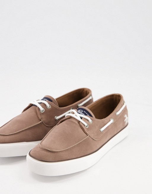 Original Penguin canvas mix casual boat shoes in taupe