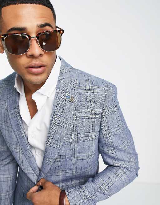 Original Penguin checked slim fit suit jacket in blue and yellow