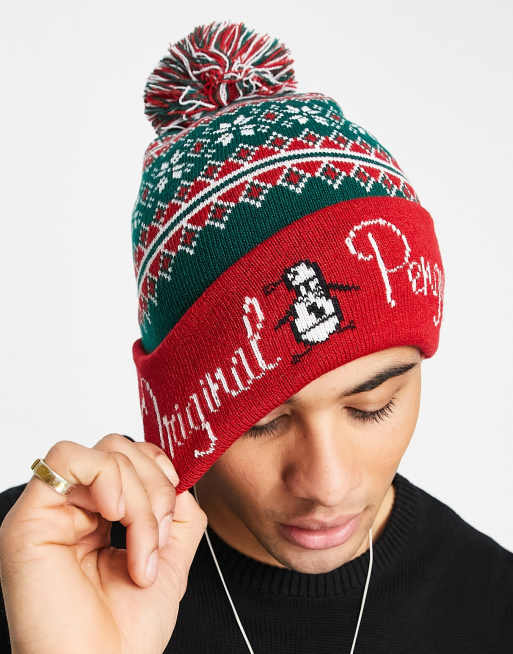 Original Penguin christmas bobble hat in green and red