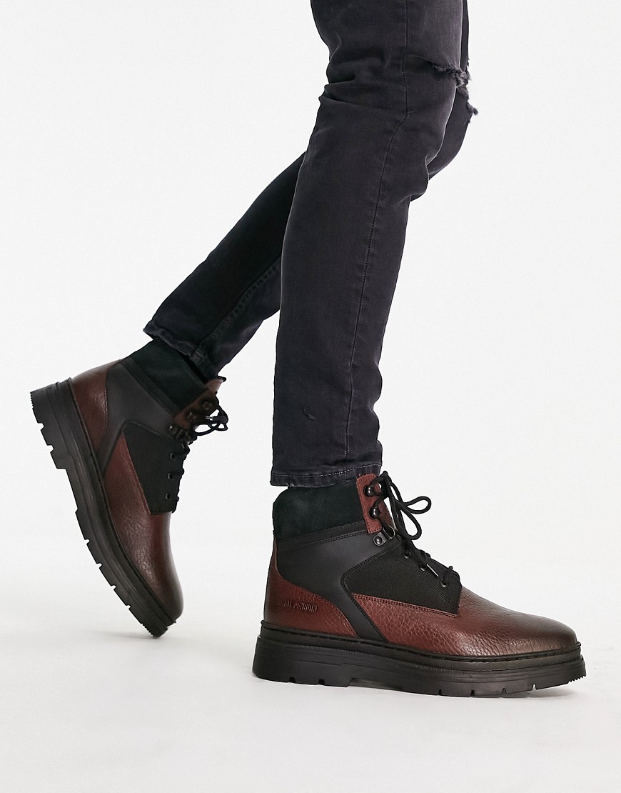 Original Penguin chunky sole lace up hiker boots in burgundy leather-Red