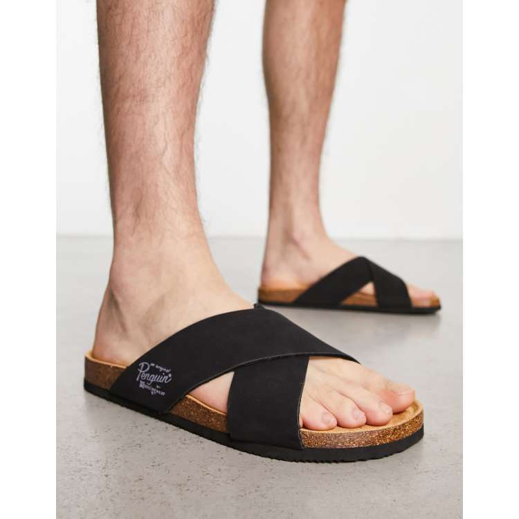 Original Penguin cross strap sandals in black faux leather