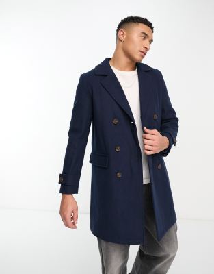 Original Penguin double breasted wool mix overcoat in navy