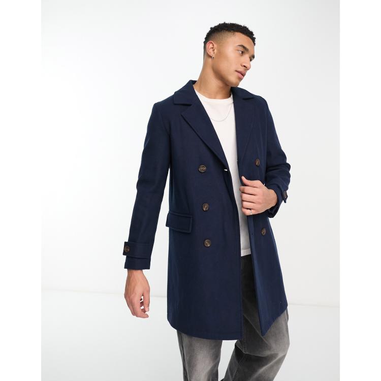 Original Penguin double breasted wool mix overcoat in navy